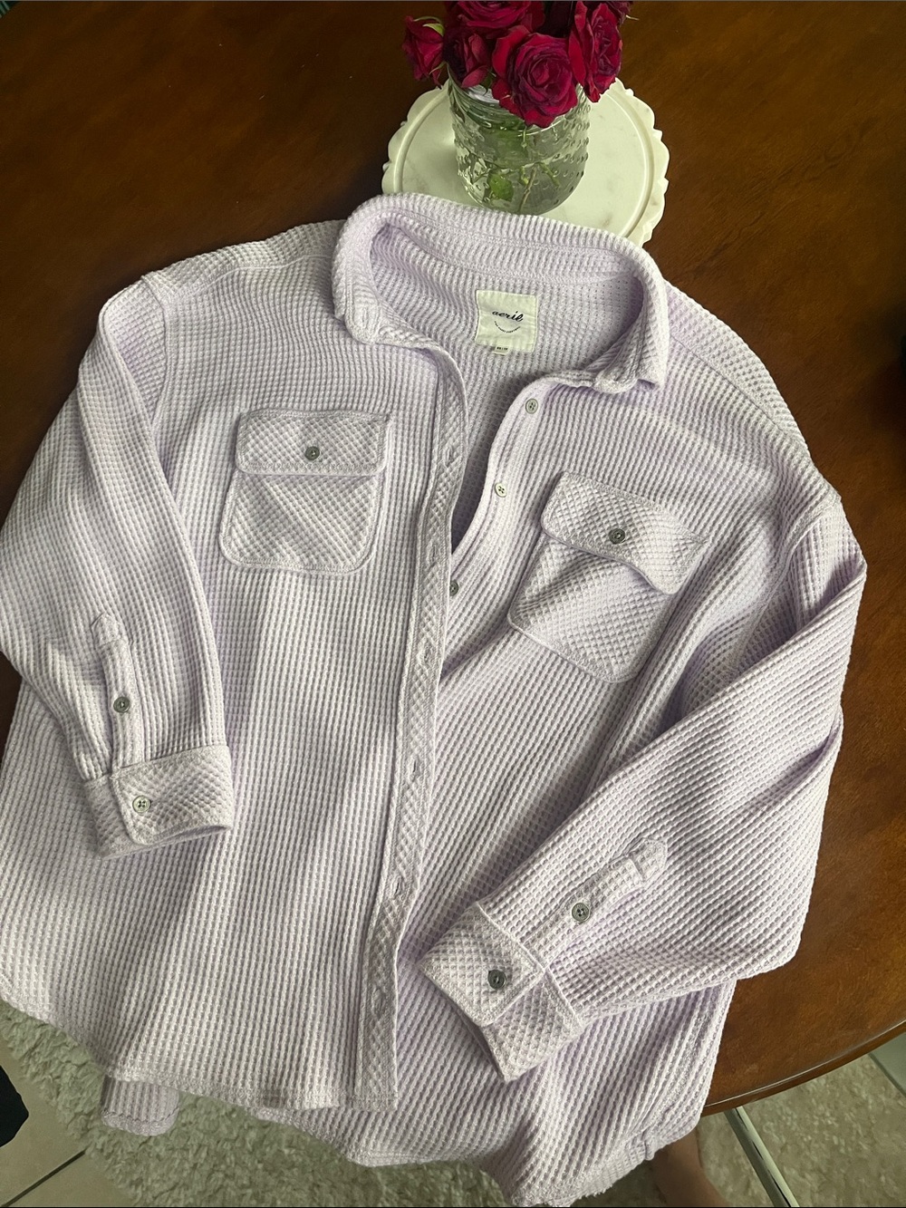 Aerie lavender waffle button down top